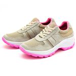 Tenis Feminino Casual Lirom Caminhada Leve Confortável Bege/Rosa