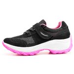 Tênis Feminino Caminhada Lirom Com Velcro Em Couro Preto/Rosa