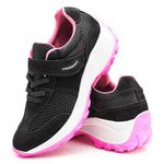 Tênis Feminino Caminhada Lirom Com Velcro Em Couro Preto/Rosa