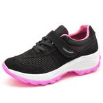Tênis Feminino Caminhada Lirom Com Velcro Em Couro Preto/Rosa