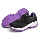 Tênis Feminino Caminhada Lirom Com Velcro Em Couro Preto/Roxo