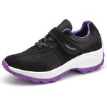 Tênis Feminino Caminhada Lirom Com Velcro Em Couro Preto/Roxo