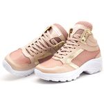 Tênis Feminino Sneaker Lirom Fitness Lingua Alta Em Couro Rosê/Dourado