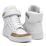 Tenis Feminino Sneakers Lirom Fit Em Couro Branco/Dourado