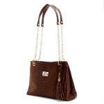Bolsas Femininas Couro Legítimo Croco Lirom Alça Corrente Dourada Luxuosa Caramelo