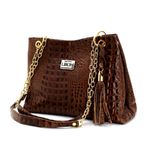 Bolsas Femininas Couro Legítimo Croco Lirom Alça Corrente Dourada Luxuosa Caramelo