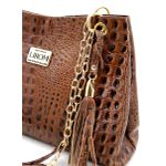Bolsas Femininas Couro Legítimo Croco Lirom Alça Corrente Dourada Luxuosa Caramelo