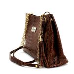 Bolsas Femininas Couro Legítimo Croco Lirom Alça Corrente Dourada Luxuosa Caramelo