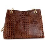 Bolsas Femininas Couro Legítimo Croco Lirom Alça Corrente Dourada Luxuosa Caramelo