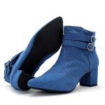 Bota Feminina Jeans Lirom Cano Curto Salto Grosso Bico Fino