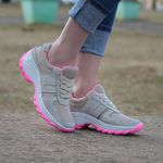 Tenis Feminino Casual Lirom Caminhada Leve Confortável Bege/Rosa