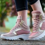 Tênis Feminino Sneaker Lirom Fitness Lingua Alta Em Couro Rosê/Dourado