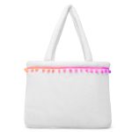 Bolsa De Praia Feminina Atoalhada Pompom Estilo Sacola Zíper Branco
