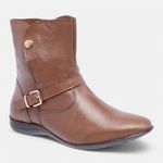 Bota Feminina Cano Curto Flat Fiorella Em Couro Caramelo 