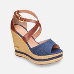 Sandália Anabela Sofia com Tiras de Couro Marinho/Caramelo 