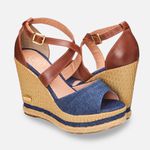 Sandália Anabela Sofia com Tiras de Couro Marinho/Caramelo 