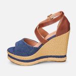 Sandália Anabela Sofia com Tiras de Couro Marinho/Caramelo 