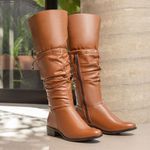 Bota Montaria Cano longo enrugada Leticia em Couro Havana