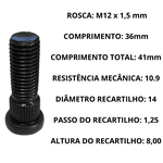 Parafuso Roda Dianteira A C D20 S10 Blazer Opala Caravan Silverado GM Chevrolet M12x1,5mm x 41mm Curto