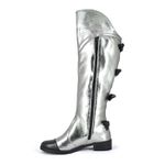 Bota Over The Knee Couro Prata Laços