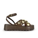 Sandália Flatform Couro Marrom e Pedrarias