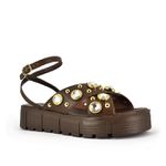 Sandália Flatform Couro Marrom e Pedrarias