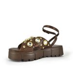 Sandália Flatform Couro Marrom e Pedrarias