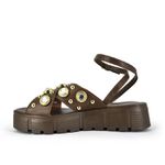 Sandália Flatform Couro Marrom e Pedrarias