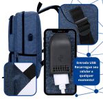 Mochila Média Moderna Com Cabo USB Entradas de Carregar Celular e Notebook Azul