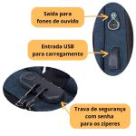 Mochila Executiva Cabo USB Trava Segurança Anti Furto Média Azul