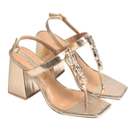 Sandália Feminina Iris Salto Alto Bloco Enfeite Fashion Ouro Light