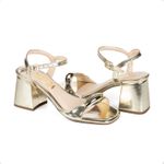 Sandália Feminina Salto Médio Grosso Quadrado Enfeite Trend Dourado