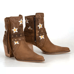 Bota Texana Feminina Couro Fossil Croassant com Franja e Bordado Flor Estrela - Silverado Botas
