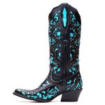 Bota Texana Feminina Laser Couro Floater Preto e Fóssil Azul Turquesa- Silverado Botas