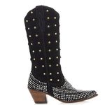 Bota Texana Feminina Couro Nobuck Preto Com Detalhes Strass e Hotifix - Silverado Botas