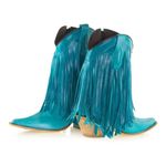 Bota Texana Feminina Couro Fóssil Azul Turquesa Com Franjas - Silverado Botas