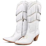 Bota Texana Feminina Couro Floater Branco Franjas e Strass - Silverado Botas