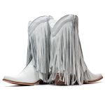 Bota Texana Feminina Couro Fóssil Branca Com Franjas - Silverado Botas