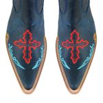 Botina Masculina Couro Fóssil Azul Bordado Cruz - Silverado Botas