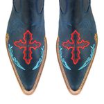 Botina Masculina Couro Fóssil Azul Bordado Cruz - Silverado Botas