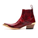 Botina Masculina Couro Anaconda Verniz Vermelho com Biqueira Dourada - Silverado Botas