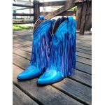 Bota Texana Feminina Couro Metalizado Azul Com Franjas Bordada - Silverado Botas