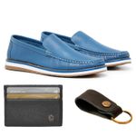 Combo Mocassim Floater Find Blue+ Chaveiro Couro + Porta Cartão Lujan 