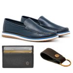 Combo Mocassim Floater Marinho + Chaveiro Couro + Porta Cartão Lujan 