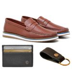 Combo Mocassim Floater Café + Chaveiro Couro + Porta Cartão Lujan
