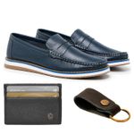 Combo Mocassim Floater Marinho + Chaveiro Couro + Porta Cartão Lujan 
