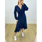 Vestido Midi Envelope Manga Longa Poá Marinho