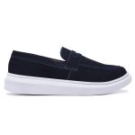 Sapato Loafer Guitte Slip On Azul Marinho Couro Legítimo Camurça