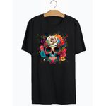 Camiseta Preta Estampa Frente Caveira Mexicana Flores Coloridas 