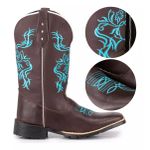 Bota Texana Feminina Tatu Virado Bico Quadrado Bordado Tribal Azul